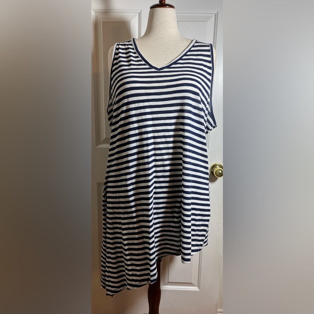Lane Bryant Navy and White Striped Asymmetrical Hemline Women’s Top